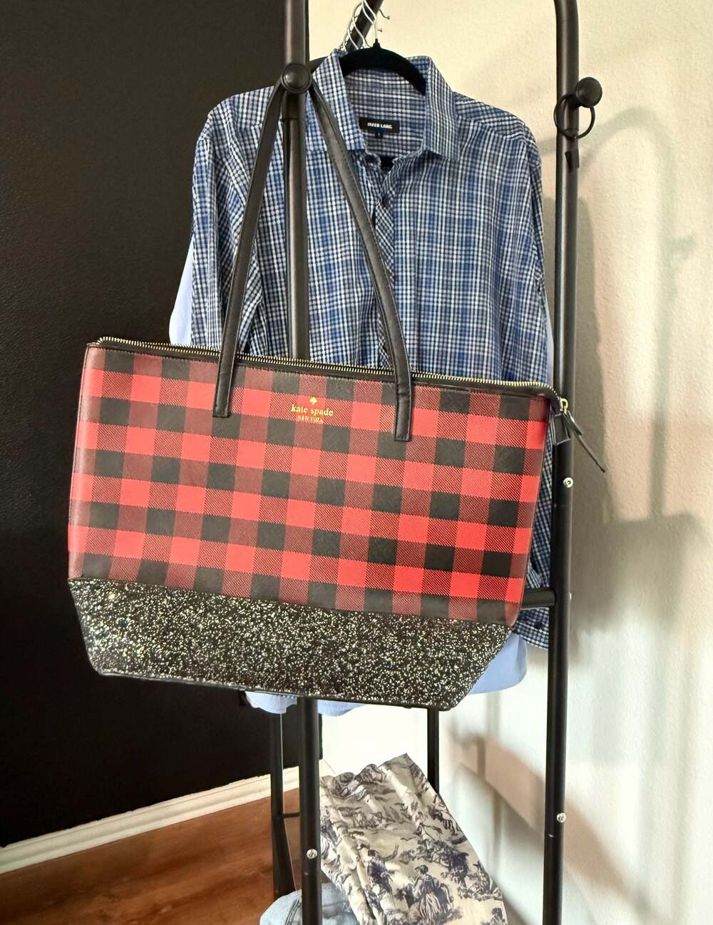 Kate Spade New York Red and Black Buffalo Plaid Tote with Glitter Base